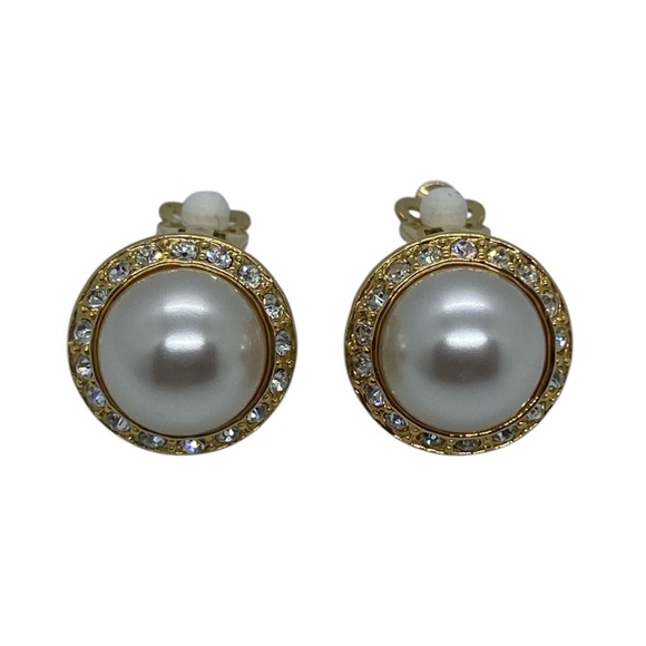 Vintage Faux Pearl Button Clip On Earrings w. Sparkly Rhinestones & Gold Finish - Picture 5 of 5
